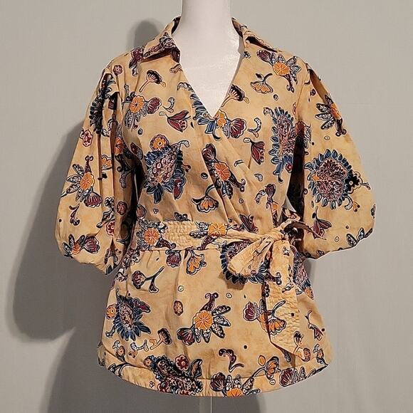 Elie Tahari short puff sleeve faux wrap tie belt floral top sz M multicolor boho - Picture 1 of 9